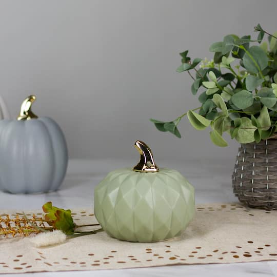 7" Green & Gold Fall Harvest Ceramic Pumpkin Decoration